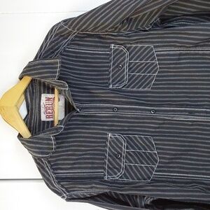 Rerun |Mens Black White Contrast Stitch Stripe Roll Tab Sleeves Shirt Sz.XL